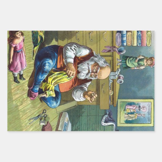 おもちゃの人形を作るサンタクロース、ビンテージクリスマス ラッピングペーパーシート (正面)