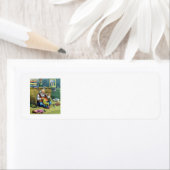 おもちゃの人形を作るサンタクロース、ビンテージクリスマス ラベル (インサイチュ)