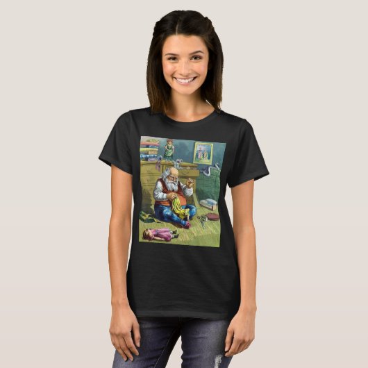 おもちゃの人形を作るサンタクロース、ビンテージクリスマス Tシャツ (正面フル)