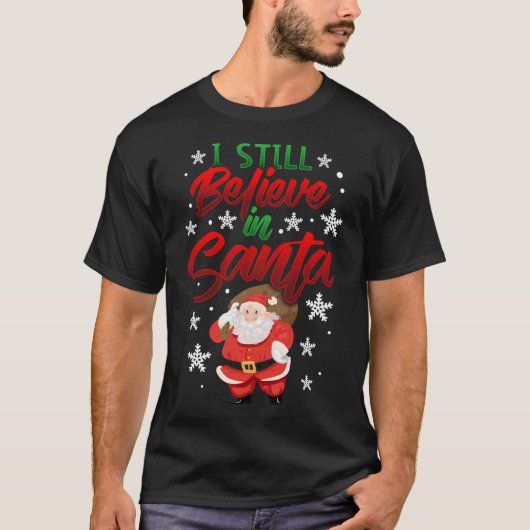 おもちゃの信じサンタバッグに未だかわいいクリスマ Tシャツ (正面)