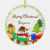 おもちゃの列車のクリスマスのオーナメントのかわいい雪だるま セラミックオーナメント (正面)