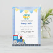 おもちゃの列車の男の子の青いベビーシャワーの招待状 招待状 (スタンド正面)