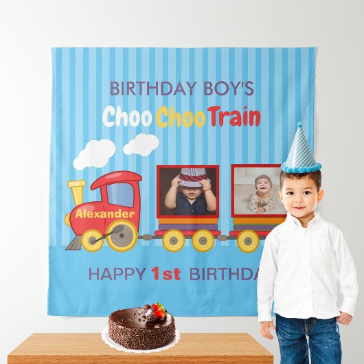 おもちゃの列車　幼児の男の子の誕生日　青 タペストリー