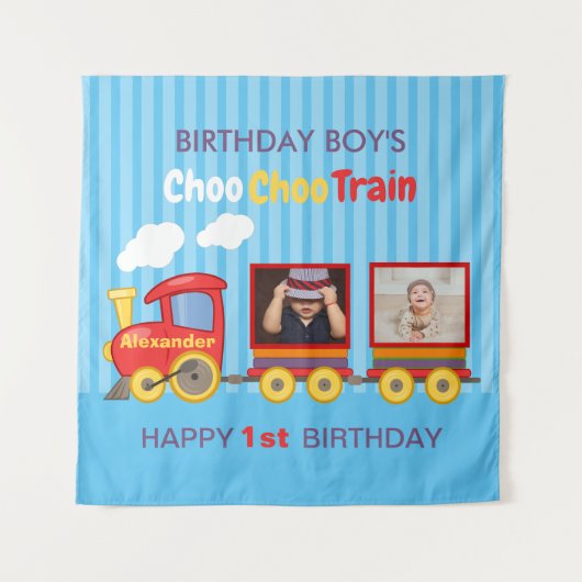 おもちゃの列車　幼児の男の子の誕生日　青 タペストリー (正面)