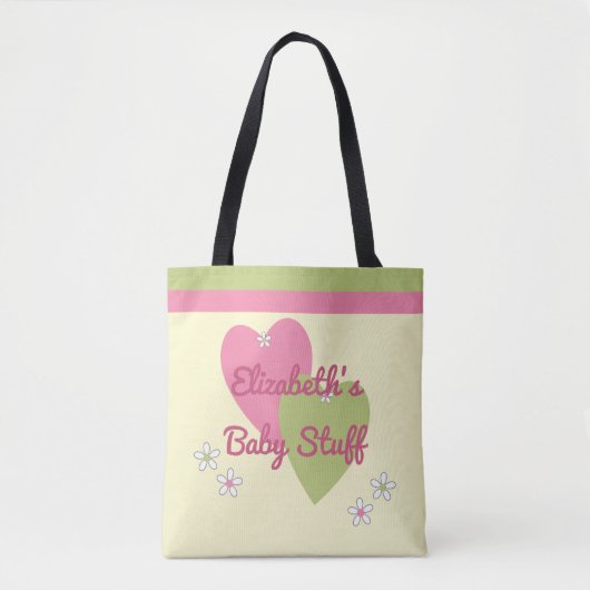 おもちゃの名前を付けた赤ちゃん女の子ピンクと緑 トートバッグ (正面)