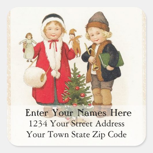 おもちゃの宛名ラベルを持つヴィンテージの子供 スクエアシール (正面)