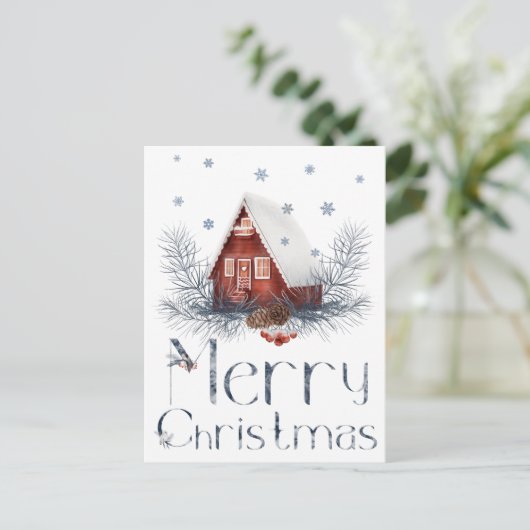 おもちゃの家あるいはログハウス、松ぼっくり、実り ポストカード (スタンド正面)