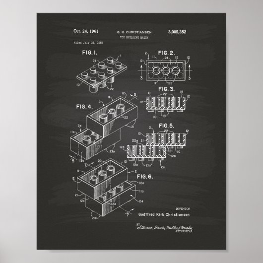 おもちゃの建物レンガ1961パテントアート – Chalkboard ポスター (正面)