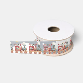 おもちゃの赤い緑のクリスマスロコモティブの冬の景色 グログランリボン