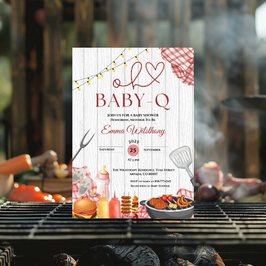 おもちゃの赤ちゃんQベイビーシャワーの女の子ラスティック BBQ 招待状