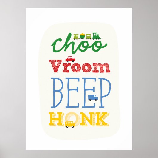 おもちゃの輸送車、列車、バス、赤ちゃんの保育園、アート ポスター (正面)