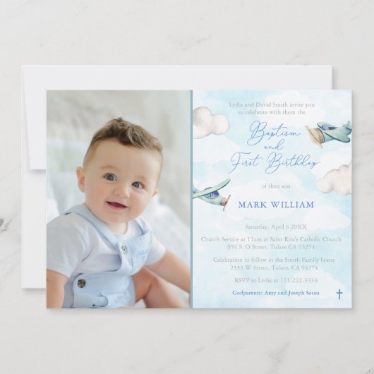 おもちゃの飛行機　1歳の誕生日と洗礼　パーティーの写真 招待状 (正面)