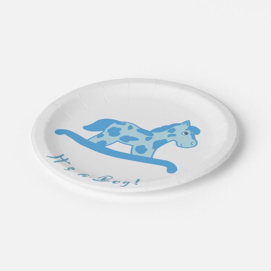 おもちゃの馬の男の子ベビーシャワー　男の子です ペーパープレート (アングル)