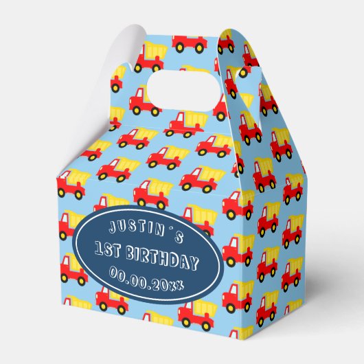 おもちゃダンプトラック男の子の最初の誕生日パーティー フェイバーボックス (正面サイド)