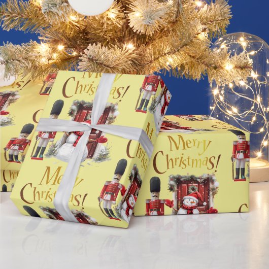 おもちゃブリティッシュ兵士のベアスキン帽子と雪だるま ラッピングペーパー (クリスマス)