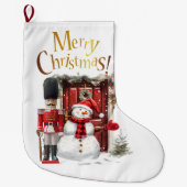 おもちゃブリティッシュ兵士のベアスキン帽子と雪だるま ラージクリスマスストッキング (正面)