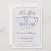 おもちゃブロック赤ちゃんシャワー招待状、ヴィンテージペダル車 招待状 (正面)