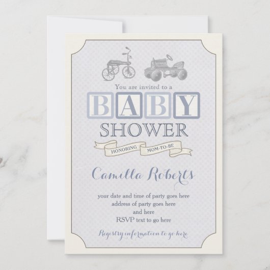 おもちゃブロック赤ちゃんシャワー招待状、ヴィンテージペダル車 招待状 (正面)