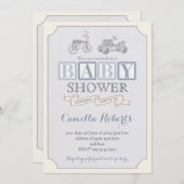 おもちゃブロック赤ちゃんシャワー招待状、ヴィンテージペダル車 招待状 (正面/裏面)