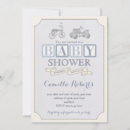 おもちゃブロック赤ちゃんシャワー招待状、ヴィンテージペダル車 招待状