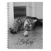 おもちゃマウスを見ながら横に寝そべった退屈なタビー猫 ノートブック (正面)