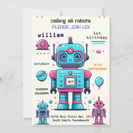 おもちゃロボットおもしろい第1の誕生日に満ちた男の子 招待状 (正面)