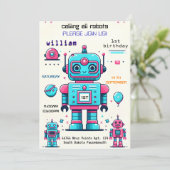 おもちゃロボットおもしろい第1の誕生日に満ちた男の子 招待状 (スタンド正面)