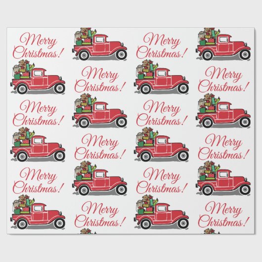 おもちゃ付きメリークリスマスレッドヴィンテージトラック ラッピングペーパー (フラット)