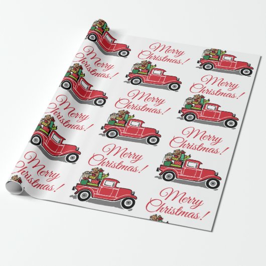 おもちゃ付きメリークリスマスレッドヴィンテージトラック ラッピングペーパー (アンロールド)