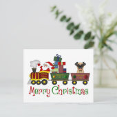 おもちゃ列車のティーで愛らしいパグとサンタ,ギフト シーズンポストカード (スタンド正面)