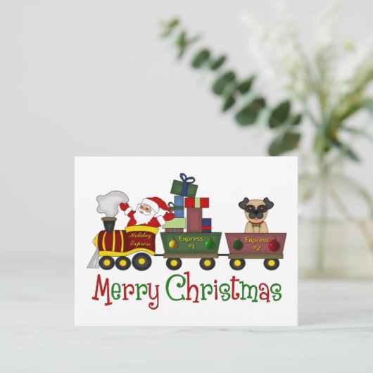 おもちゃ列車のティーで愛らしいパグとサンタ，ギフト シーズンポストカード (スタンド正面)