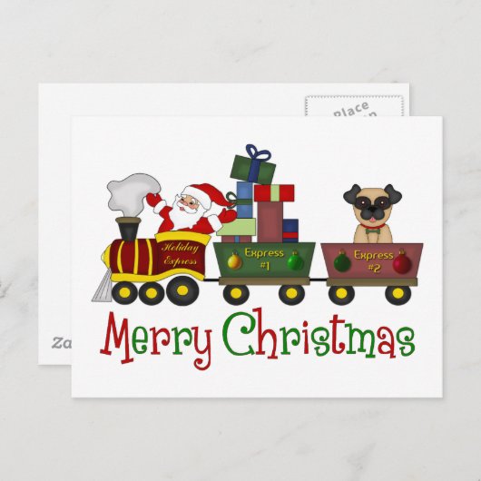 おもちゃ列車のティーで愛らしいパグとサンタ，ギフト シーズンポストカード (正面/裏面)