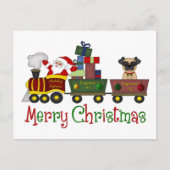 おもちゃ列車のティーで愛らしいパグとサンタ，ギフト シーズンポストカード (正面)