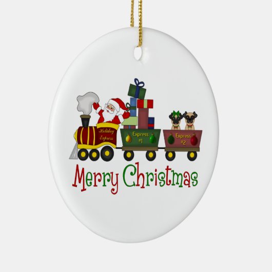 おもちゃ列車のティーで愛らしいパグとサンタ，ギフト セラミックオーナメント (右)