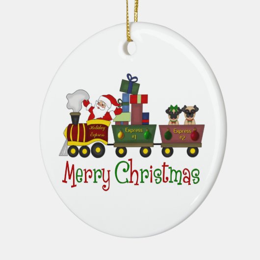 おもちゃ列車のティーで愛らしいパグとサンタ,ギフト セラミックオーナメント (左)