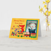 おもちゃ列車付き3枚目の誕生日写真カード – おもちゃ列車 カード (黄色い花)