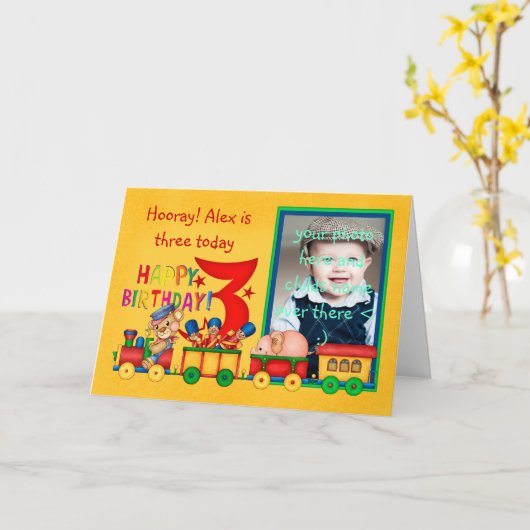 おもちゃ列車付き3枚目の誕生日写真カード – おもちゃ列車 カード (黄色い花)