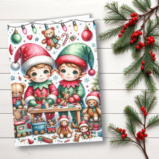 おもちゃ屋で愛らしいクリスマス小妖精や小人 シーズンカード