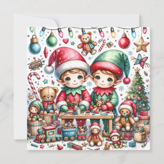 おもちゃ屋で愛らしいクリスマス小妖精や小人 シーズンカード (正面)