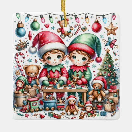 おもちゃ屋で愛らしいクリスマス小妖精や小人 セラミックオーナメント (正面)