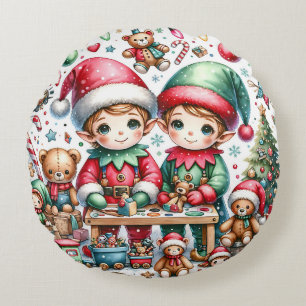 おもちゃ屋で愛らしいクリスマス小妖精や小人 ラウンドクッション