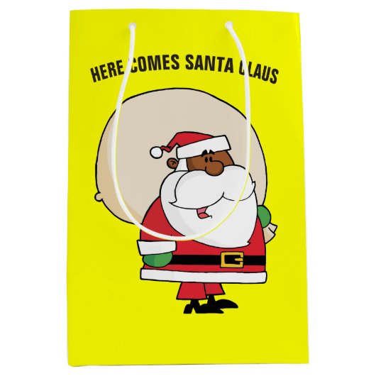 おもちゃ袋を持つ黒いサンタクロース ミディアムペーパーバッグ (正面)