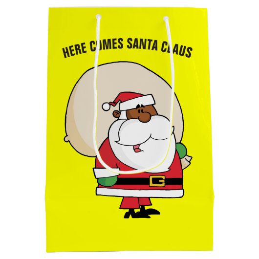 おもちゃ袋を持つ黒いサンタクロース ミディアムペーパーバッグ (裏面)