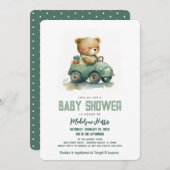 おもちゃ車の青ベビーシャワーを駆動テディベア 招待状 (正面/裏面)