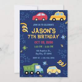 おもちゃ車ブルーバースデーパーティーへの招待 招待状