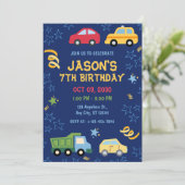 おもちゃ車ブルーバースデーパーティーへの招待 招待状 (スタンド正面)