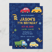 おもちゃ車ブルーバースデーパーティーへの招待 招待状 (正面/裏面)