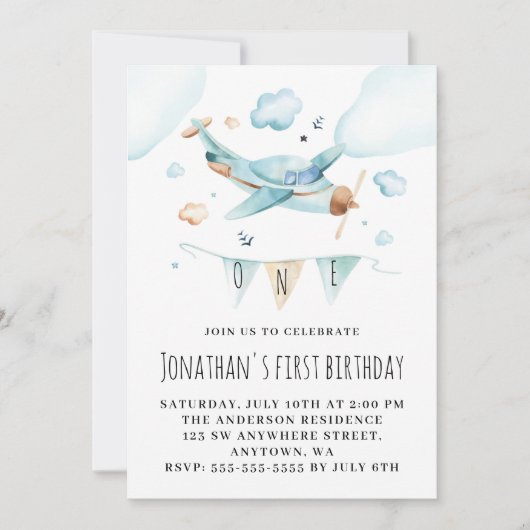 おもちゃ飛行機の水の色の最初の誕生日パーティー 招待状 (正面)