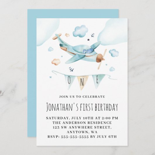 おもちゃ飛行機の水の色の最初の誕生日パーティー 招待状 (正面/裏面)