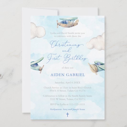 おもちゃ飛行機ボーイ《キリスト教》洗礼式や命名式1st誕生日パーティー 招待状 (正面)